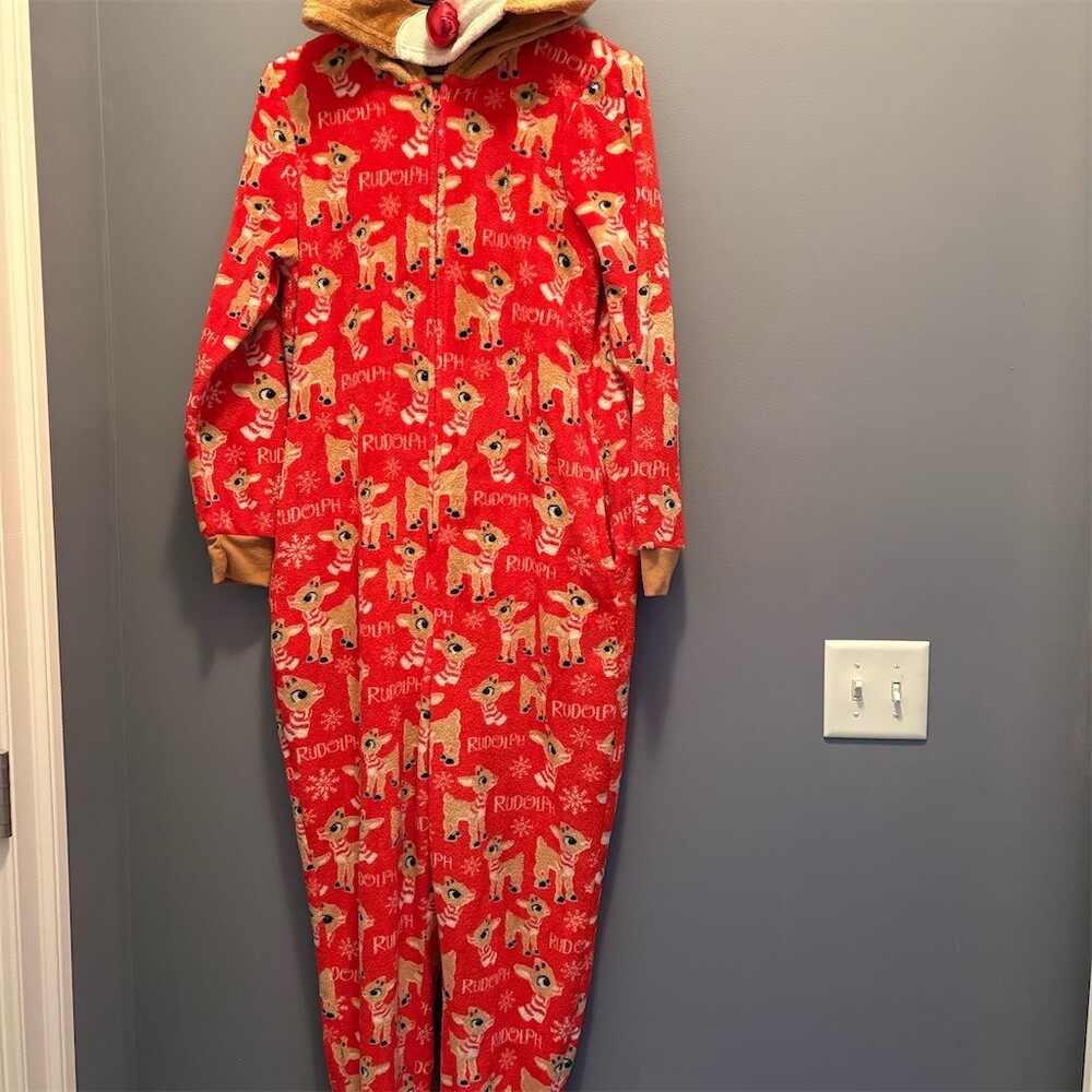 Rudolph Womens Hooded Zip One Piece Pajama Onesie Red Print Size 12-14